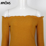 Aproms Ruffles Knitted Winter Dress Women Off Shoulder Tunic Dress Sexy Long Sleeve Bodycon Club Party Sweater Dresses Vestidos