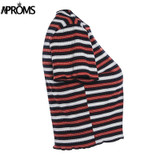 Aproms Multi Stripe Blocked Stretch T-shirt Women Summer Crop Top 90s Basic Tshirt Casual Short Sleeve Ribbed T Shirt Female Top