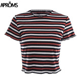 Aproms Multi Stripe Blocked Stretch T-shirt Women Summer Crop Top 90s Basic Tshirt Casual Short Sleeve Ribbed T Shirt Female Top