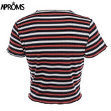 Aproms Multi Stripe Blocked Stretch T-shirt Women Summer Crop Top 90s Basic Tshirt Casual Short Sleeve Ribbed T Shirt Female Top