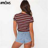 Aproms Multi Stripe Blocked Stretch T-shirt Women Summer Crop Top 90s Basic Tshirt Casual Short Sleeve Ribbed T Shirt Female Top
