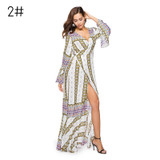 Aproms Flare Sleeve Wrap Tie Boho Long Maxi Dress Women Long Sleeve Flower Print Festival Day Dresses Female Loose Dress Vestido