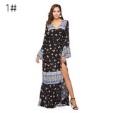 Aproms Flare Sleeve Wrap Tie Boho Long Maxi Dress Women Long Sleeve Flower Print Festival Day Dresses Female Loose Dress Vestido