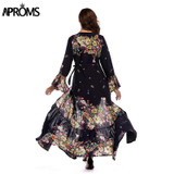 Aproms Flare Sleeve Wrap Tie Boho Long Maxi Dress Women Long Sleeve Flower Print Festival Day Dresses Female Loose Dress Vestido