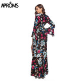 Aproms Flare Sleeve Wrap Tie Boho Long Maxi Dress Women Long Sleeve Flower Print Festival Day Dresses Female Loose Dress Vestido
