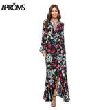 Aproms Flare Sleeve Wrap Tie Boho Long Maxi Dress Women Long Sleeve Flower Print Festival Day Dresses Female Loose Dress Vestido