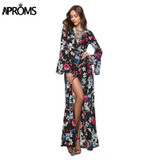 Aproms Flare Sleeve Wrap Tie Boho Long Maxi Dress Women Long Sleeve Flower Print Festival Day Dresses Female Loose Dress Vestido