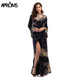 Aproms Flare Sleeve Wrap Tie Boho Long Maxi Dress Women Long Sleeve Flower Print Festival Day Dresses Female Loose Dress Vestido