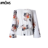 Aproms Flare Sleeve Boho Flower Print Tank Tops Elegant Off Shoulder Crop Top for Women Clothing Summer Streetwear Tees Camis