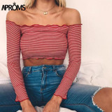 Aproms Elegant Stripe Off Shoulder Cropped T-shirt Women Autumn Long Sleeve Ruffles Crop Top Ladies Elastic Short Tee Red Camis