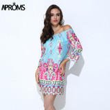 Aproms Boho Elegant Women Summer Dress High Street 2018 Off Shoulder Tunic Dresses Sundress European Sexy Vestidos Mujer