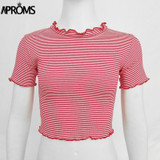 Aproms 90s Girls Ruffle O-neck T-shirt Casual Frill Basic T-shirt Women Crop Top Casual Short Sleeve Cropped T Shirt Female Top