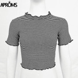Aproms 90s Girls Ruffle O-neck T-shirt Casual Frill Basic T-shirt Women Crop Top Casual Short Sleeve Cropped T Shirt Female Top
