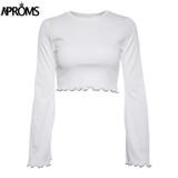 Aproms 90s Girls Flare Sleeve Crop Top Casual Frill White Basic T-shirt Women Long Sleeve Cropped T Shirt Female Ribbed Tops