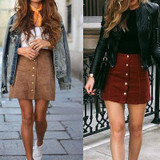 Apparel suede leather women skirt 90's Vintage short skirt Winter high waist casual skirts with button