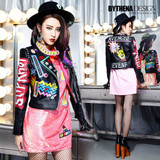 2017 Spring Leather Jacket Women Letter Print Graffiti Rivets Street Coats Epaulets Biker Motorcycle Cazadora Cuero Mujer BY6025
