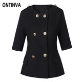 2017 Spring Lady White Black Blazer Half Sleeve Double Breasted Formal Jacket Women Elegant Fashion Suit Woman Office Wear Tops
