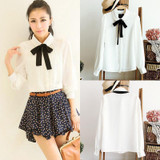 2017 Spring Fashion Women Elegant Lace Bow Tie School Blouse Casual White Blouses Chiffon Collar Shirt Ladies Tops Plus Siz