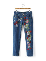 2017 Spring Casual floral embroidered jeans female blue denim pants straight trousers embroidery jeans for women bottom clothing