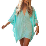 Hot 2017 Fashion Women Beach Dress Crochet V-Neck Sexy Beachwear Cotton Ladies Summer Dress Loose Sexy Hollow Sundress Female