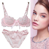 Hot 2015 Free Shipping Fashion transparent sexy bra set plus size Women gauze embroidery ultra-thin navy blue black underwear