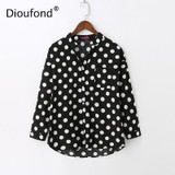 Dioufond Casual Pockets Women's Shirts Polka Dot Blusa Feminina V-neck Long Sleeves Women's Fashion Blouses White Black Red Tops
