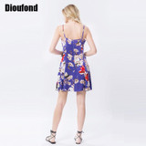 Dioufond 2017 Vintage Floral Printed Dress Slim Robe Femm Women Mini Spaghetti Strap Vestido Sleeveless Women Dresses Summer