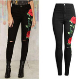 New 2017 Women's Vintage Embroider Flowers Jeans Sexy Ripped Pencil Stretch Denim Pants Female Slim Skinny Trousers Jeans 2XL