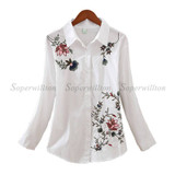New 2017 Autumn Floral Embroidery White Cotton Fashion Women Blouse Shirt Long Sleeve Casual Top Tops Loose Shirt Blusa Feminina