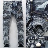 2017New Arrival  Jeans Men Ripped Skinny Biker Jeans Destroyed Frayed Slim Snow Denim Pants Trousers