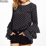 2017 ZANZEA Womens Spring Flounce Long Sleeves Blouse Office Ladies Elegant Polka Dot Print Loose Casual Chiffon Tops Shirt