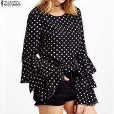 2017 ZANZEA Womens Spring Flounce Long Sleeves Blouse Office Ladies Elegant Polka Dot Print Loose Casual Chiffon Tops Shirt