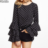 2017 ZANZEA Womens Spring Flounce Long Sleeves Blouse Office Ladies Elegant Polka Dot Print Loose Casual Chiffon Tops Shirt