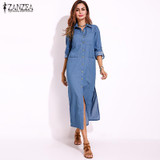 2017 ZANZEA Women Autumn Denim Blue Long Sleeve Turn-down Collar Buttons Down Casual Split Long Shirt Dress Vestido Plus Size