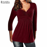 2017 ZANZEA Autumn Blusas Women Sexy Tops V Neck Long Sleeve Stretchy Shirt Solid Fold Casual Slim Pleated Blouse Plus Size