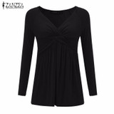 2017 ZANZEA Autumn Blusas Women Sexy Tops V Neck Long Sleeve Stretchy Shirt Solid Fold Casual Slim Pleated Blouse Plus Size