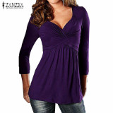 2017 ZANZEA Autumn Blusas Women Sexy Tops V Neck Long Sleeve Stretchy Shirt Solid Fold Casual Slim Pleated Blouse Plus Size
