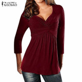 2017 ZANZEA Autumn Blusas Women Sexy Tops V Neck Long Sleeve Stretchy Shirt Solid Fold Casual Slim Pleated Blouse Plus Size