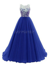 LOVONEY Robe De Soiree A-Line O-Neck Floor-Length Tulle Lace Long Evening Dresses Formal Dress Gown S304