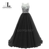 LOVONEY Robe De Soiree A-Line O-Neck Floor-Length Tulle Lace Long Evening Dresses Formal Dress Gown S304