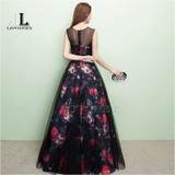 LOVONEY M209 Sexy See Through Back Long Prom Dresses 2017 A Line Flower Pattern Floor-Length Prom Party Gown Robe De Soiree