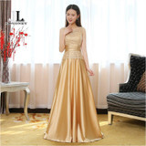 LOVONEY Elegant Golden A Line O Neck Long Evening Dress 2017 Formal Party Dresses Evening Gown Vestido De Festa Longo T403