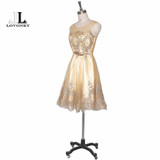 LOVONEY Elegant A-Line Cocktail Dresses Knee Length Occasion Dresses Plus Size Gold Short Prom Dress 2017 Party Dresses M240