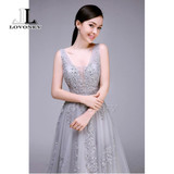 LOVONEY 2017 Sexy V-Neck Tulle Appliques Long Evening Dresses Prom Gown Formal Party Dresses Vestido De Festa Longo S301