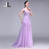 LOVONEY 2017 Sexy V-Neck Tulle Appliques Long Evening Dresses Prom Gown Formal Party Dresses Vestido De Festa Longo S301