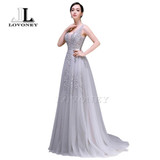 LOVONEY 2017 Sexy V-Neck Tulle Appliques Long Evening Dresses Prom Gown Formal Party Dresses Vestido De Festa Longo S301