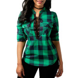 Rogi Womens Tops And Blouses Casual Plaid Shirts Long Sleeve Office Women Blouse Tunic Tops Sexy Lace Up Bandage Shirt Blusas