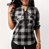 Rogi Womens Tops And Blouses Casual Plaid Shirts Long Sleeve Office Women Blouse Tunic Tops Sexy Lace Up Bandage Shirt Blusas