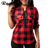 Rogi Womens Tops And Blouses Casual Plaid Shirts Long Sleeve Office Women Blouse Tunic Tops Sexy Lace Up Bandage Shirt Blusas