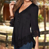 Rogi Women Lace Patckwork Blouses 2017 Sexy V-Neck Tee Shirt Ladies Jumper Tops Blusas Camisetas Mujer Femme Vetement Femme